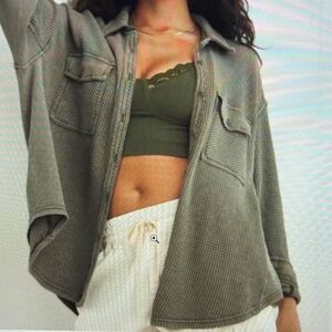 AERIE LUMBER JANE WAFFLE SHIRT BUTTON DOWN WOMEN'S XS OVERSIZED GREEN